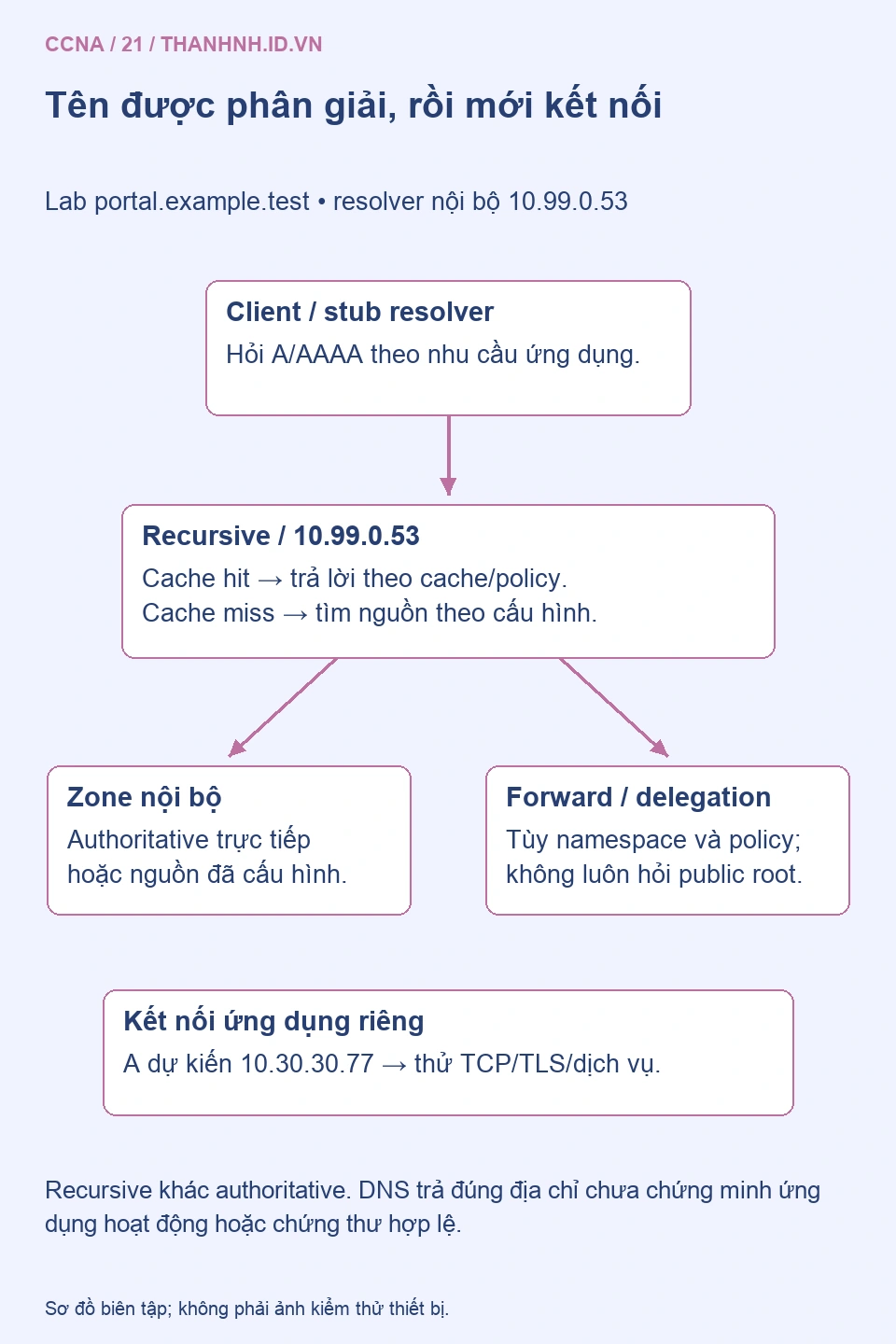 Client hỏi resolver nội bộ10.99.0.53; resolver lấy dữ liệu authoritative hoặc cache, rồi client kết nối server riêng