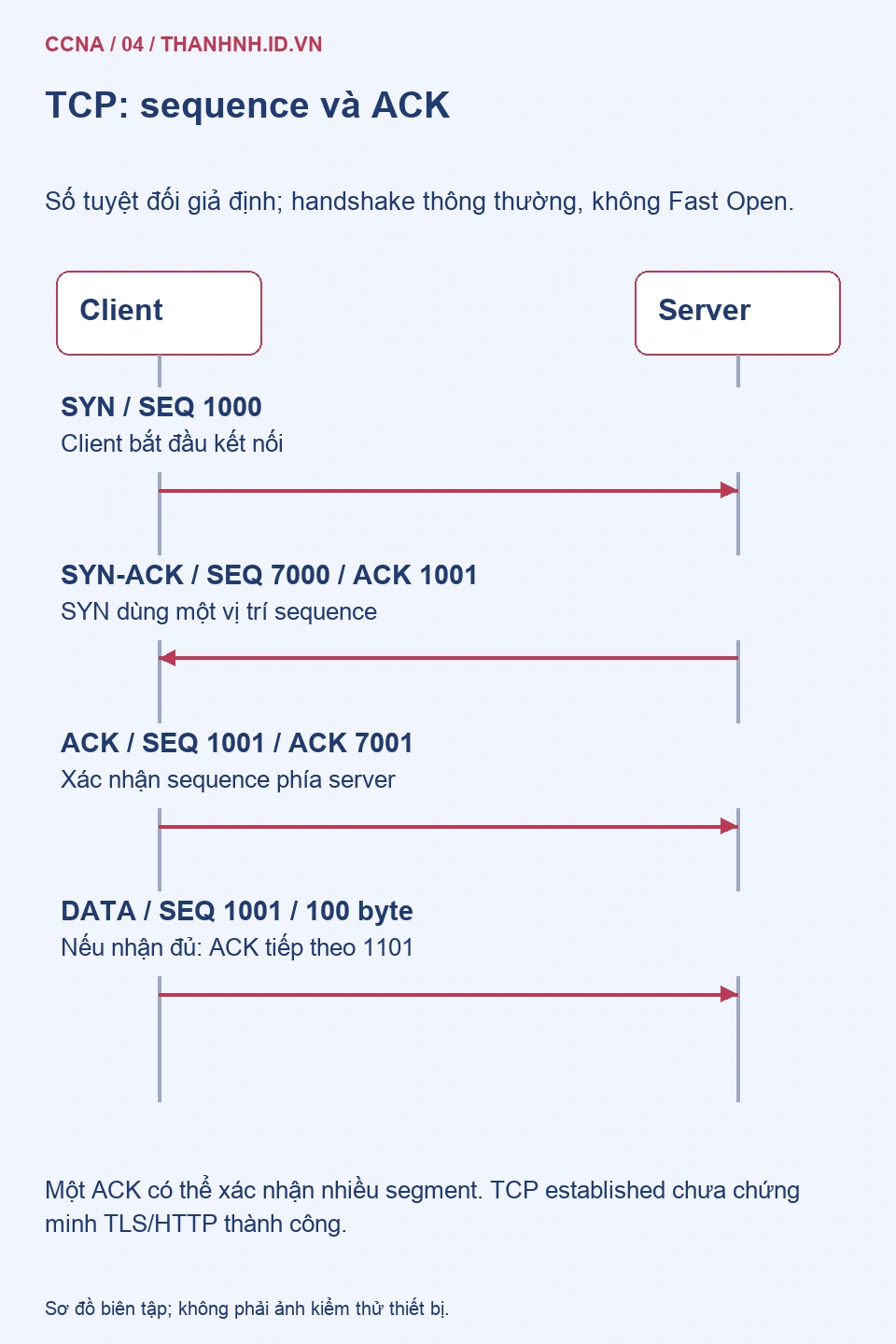 TCP handshake với sequence giả định và lần truyền dữ liệu 100 byte