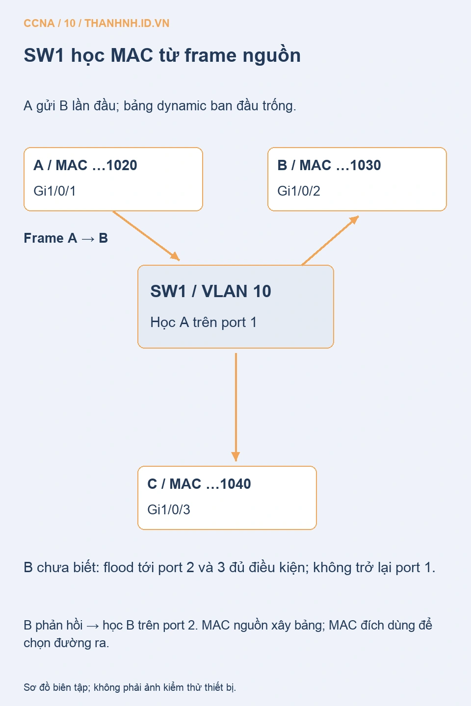 SW1 nối A, B, C trong VLAN 10 và học MAC nguồn từ cổng nhận
