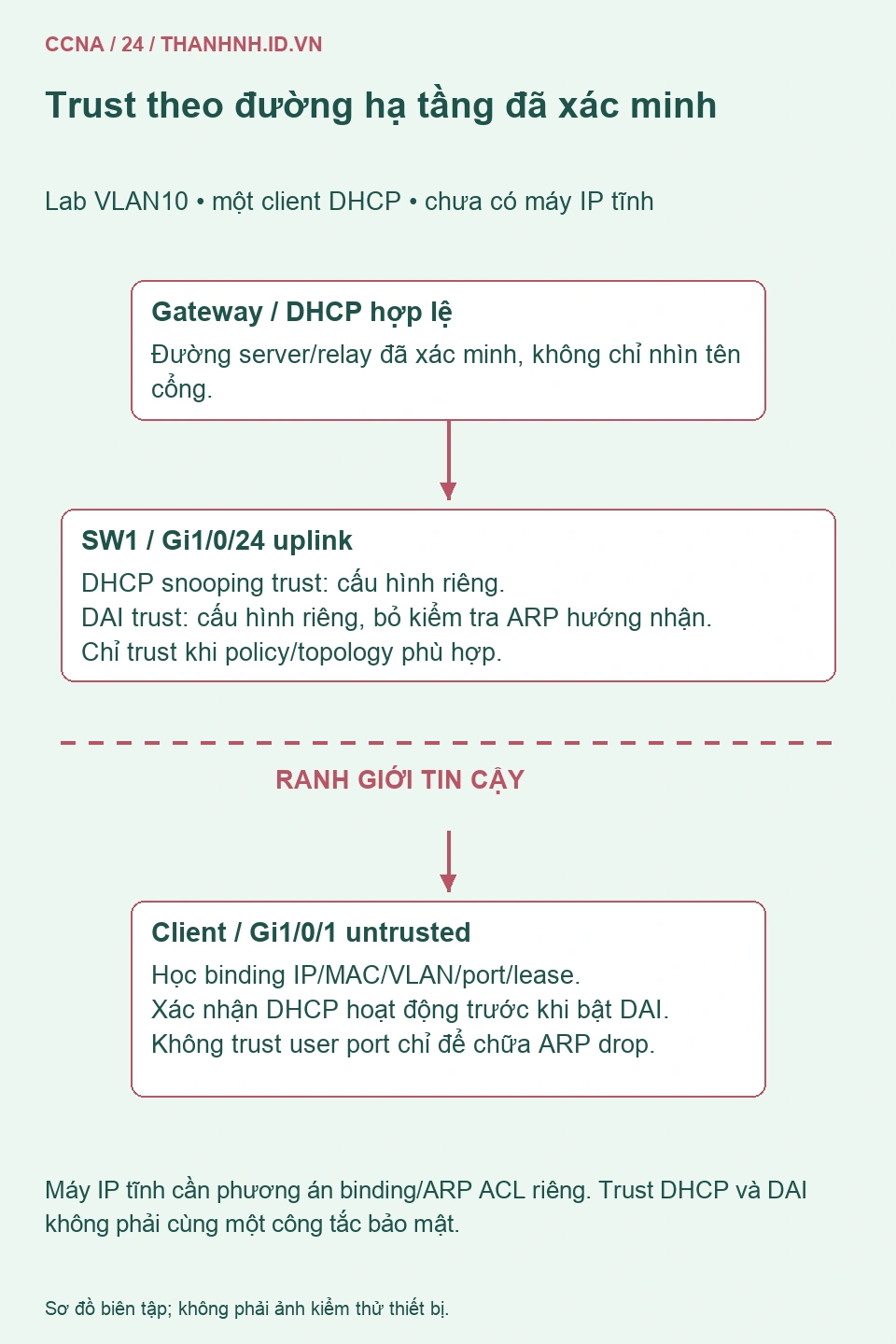 Ranh giới trust ở uplink 24 tới DHCP gateway hợp lệ, cổng client 1 giữ untrusted và học binding