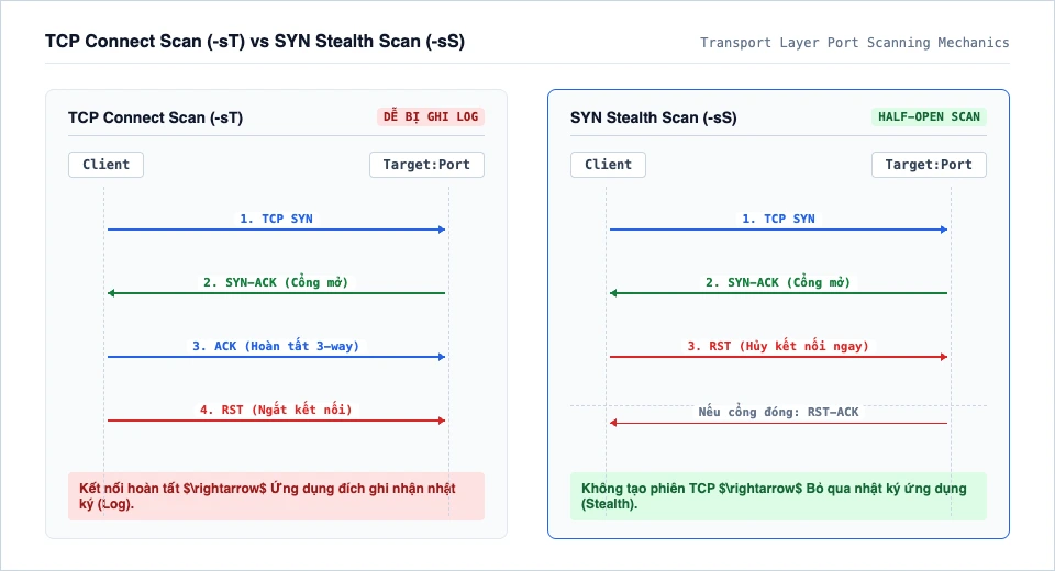 Sơ đồ so sánh luồng giao thức giữa TCP Connect Scan và SYN Stealth Scan