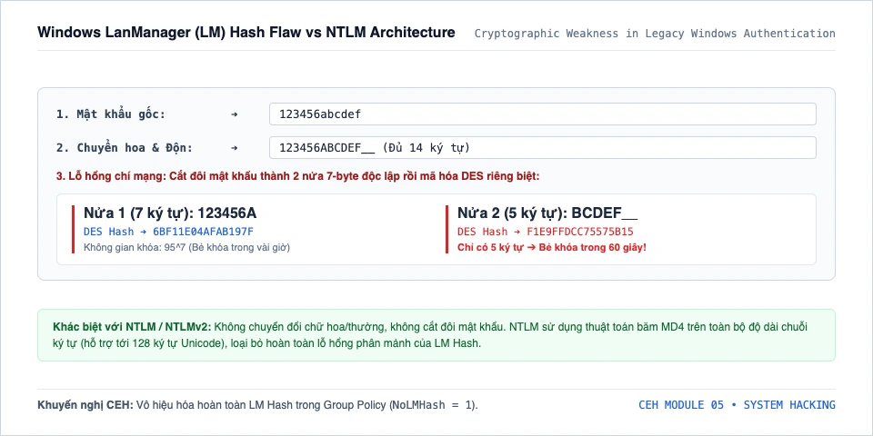 Sơ đồ giải phẫu lỗ hổng mật mã của LM Hash đối chiếu cơ chế băm NTLM