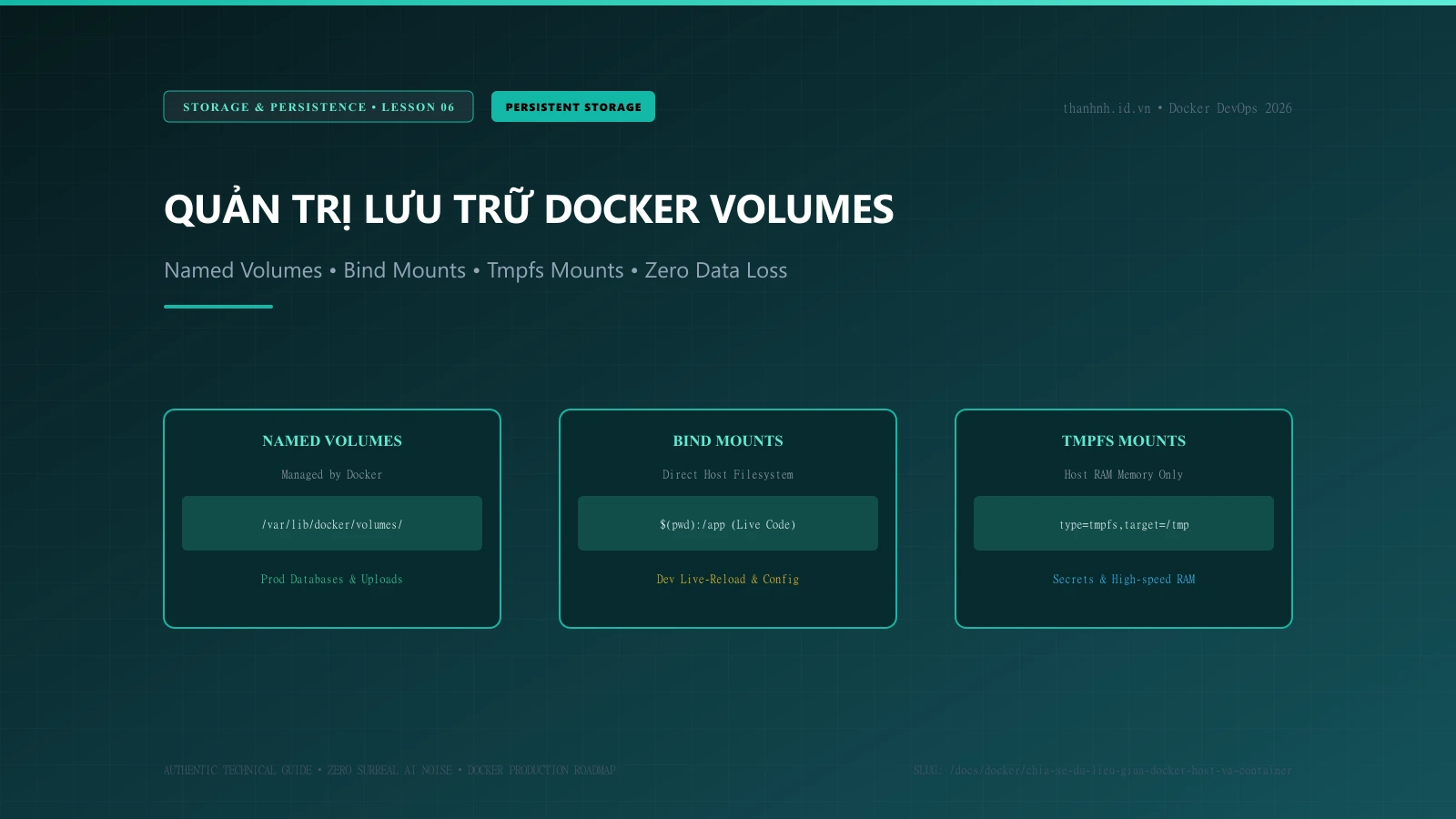 Quản trị Lưu trữ Docker: So sánh Named Volumes, Bind Mounts và Tmpfs