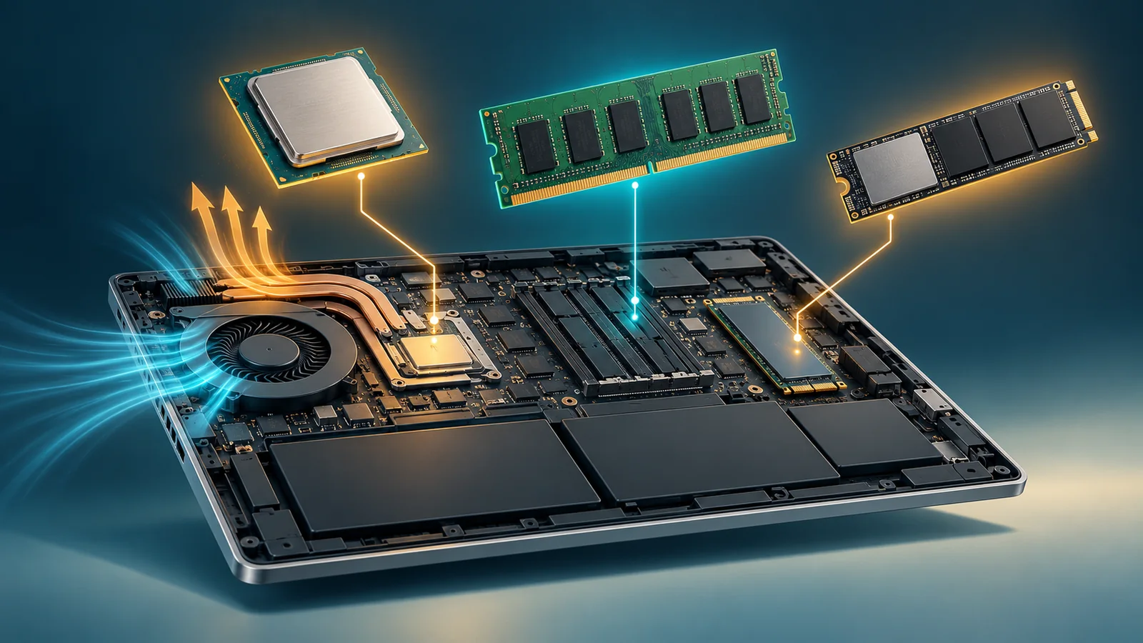 Minh họa CPU, thanh RAM, ổ SSD và quạt tản nhiệt của laptop