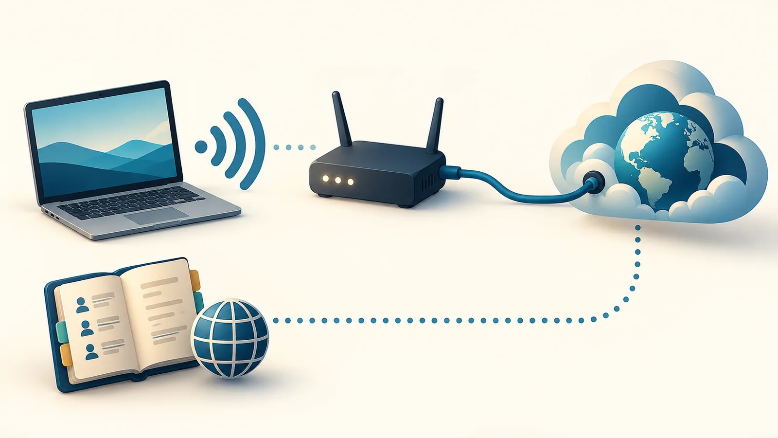 Minh họa laptop nối Wi-Fi tới router và đường truyền riêng từ router ra Internet