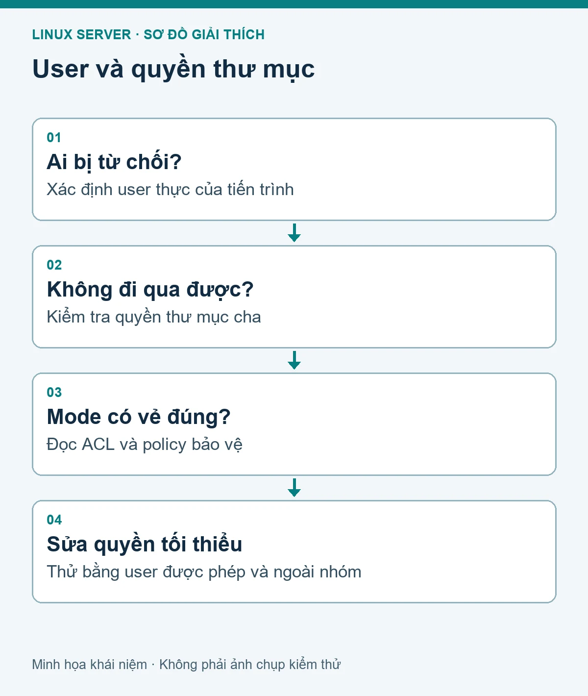 Sơ đồ các bước kiểm tra: Quản lý user, group, sudo và quyền thư mục trên Linux server
