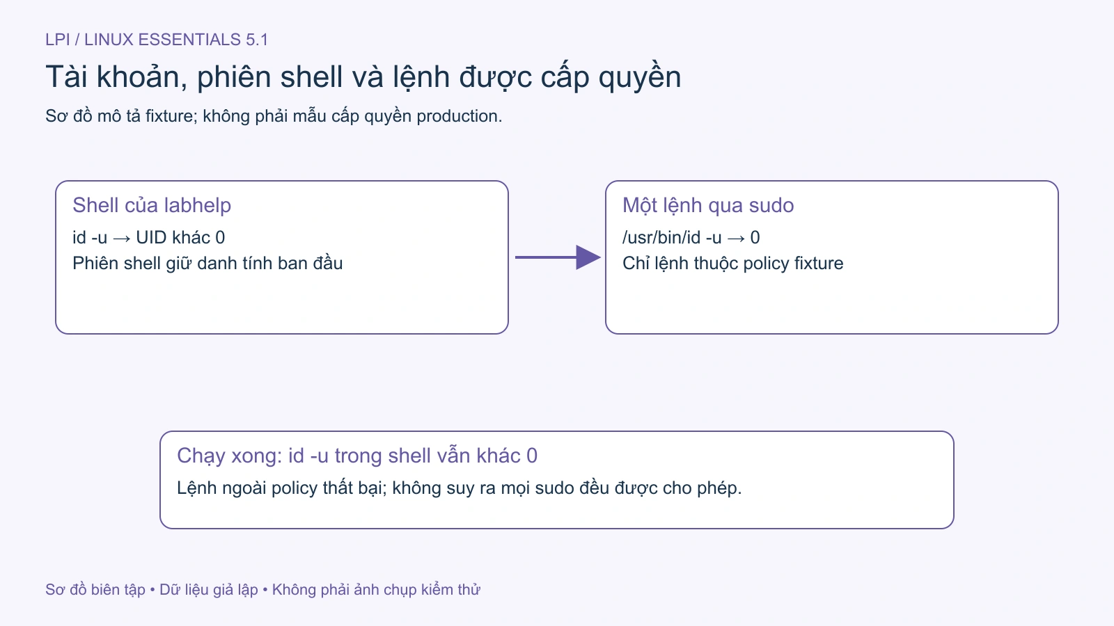 Trong fixture, riêng lệnh được cấp chạy dưới root; shell ban đầu giữ danh tính labhelp.