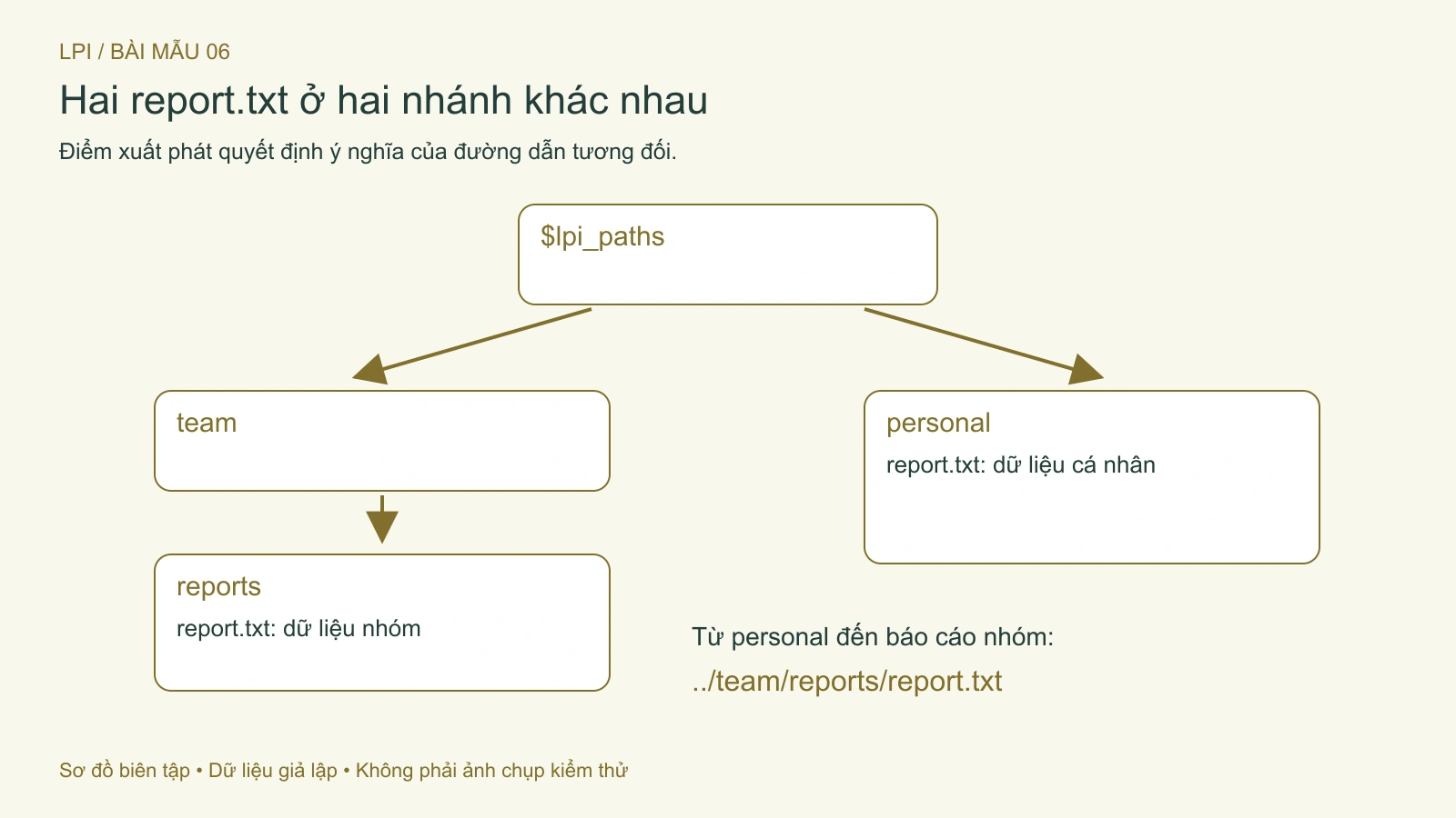 Hai tệp report.txt có cùng tên cuối nhưng nằm ở hai nhánh khác nhau.