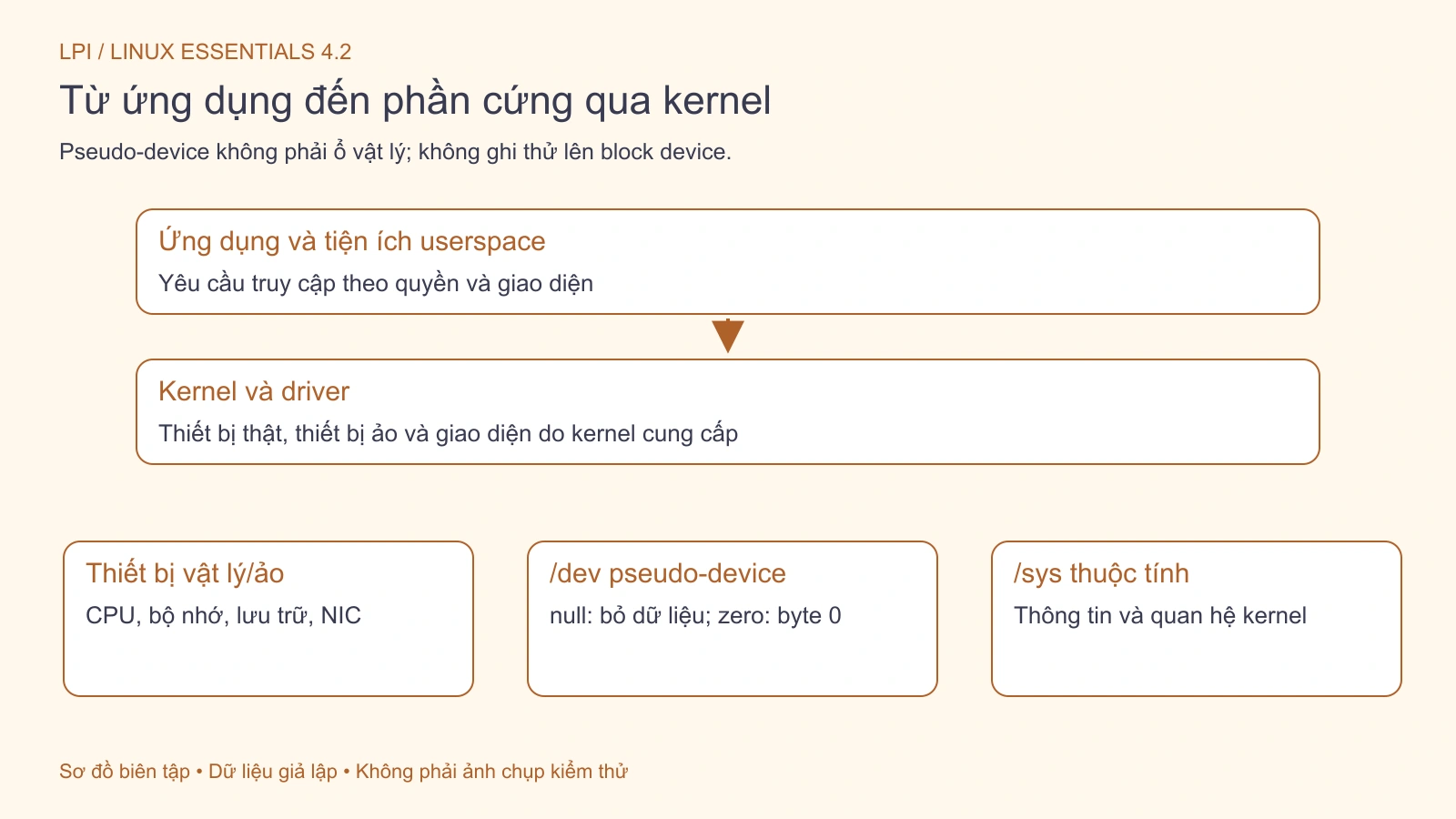 Ứng dụng truy cập giao diện kernel và driver; pseudo-device khác ổ vật lý.