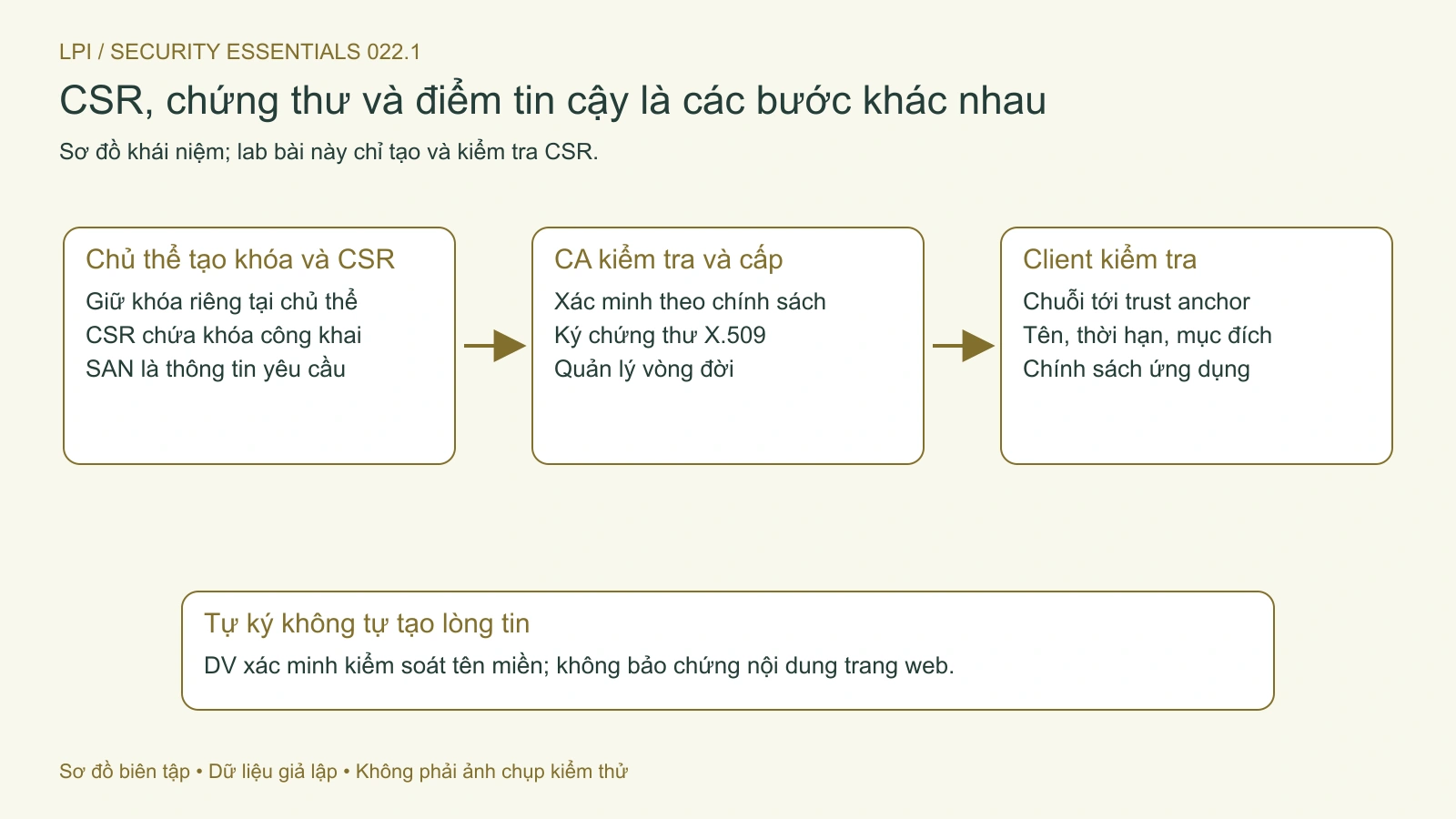 CSR là yêu cầu; chứng thư do CA cấp và sự chấp nhận của client cần các kiểm tra tiếp theo.