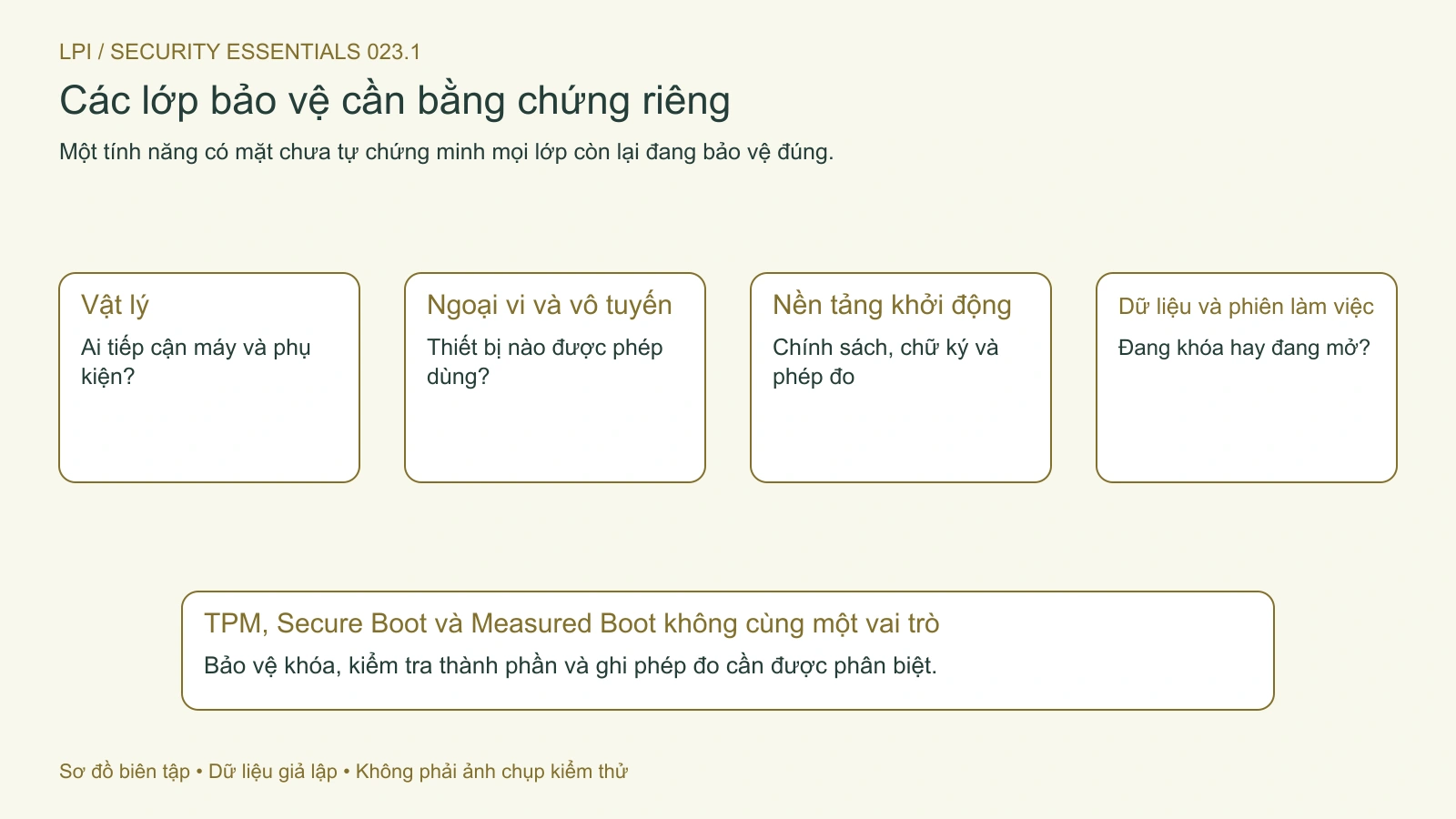 Truy cập vật lý, ngoại vi, khởi động và dữ liệu cần các kiểm tra riêng; một tính năng không thay mọi lớp.