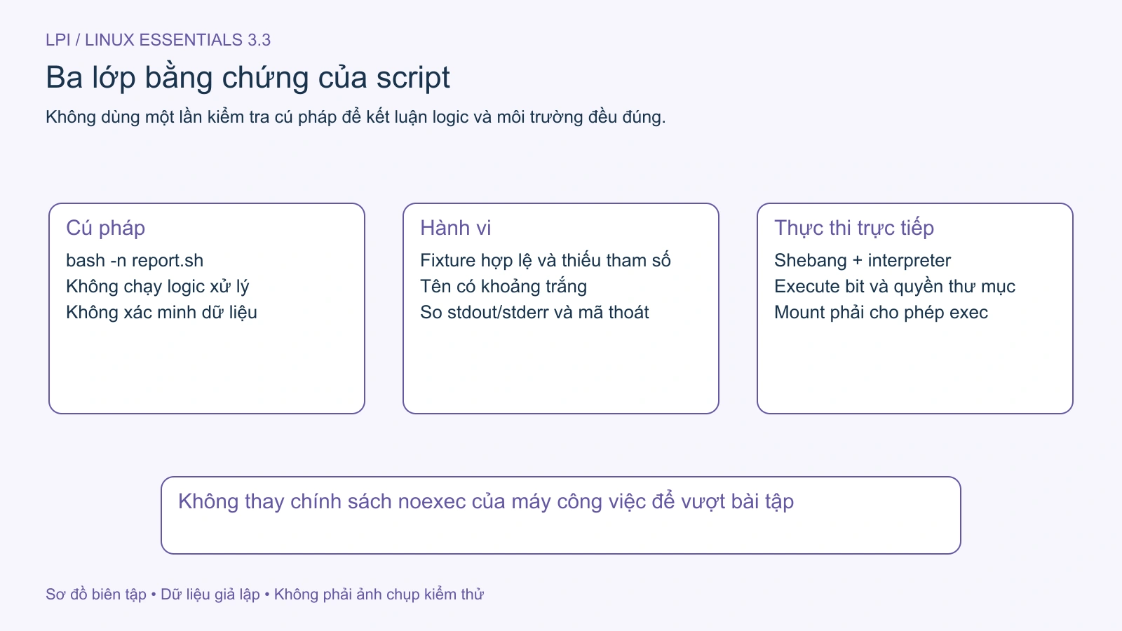 Kiểm tra cú pháp, hành vi và điều kiện thực thi là những bằng chứng khác nhau.