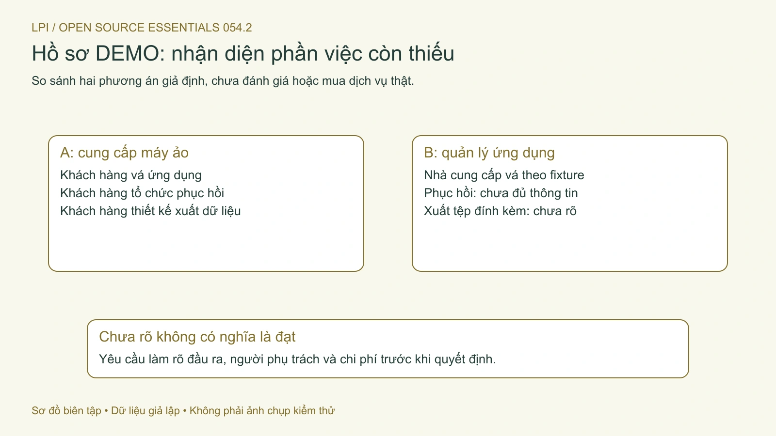 Hai phương án DEMO có trách nhiệm khác nhau; ô chưa rõ cần được làm rõ trước quyết định.