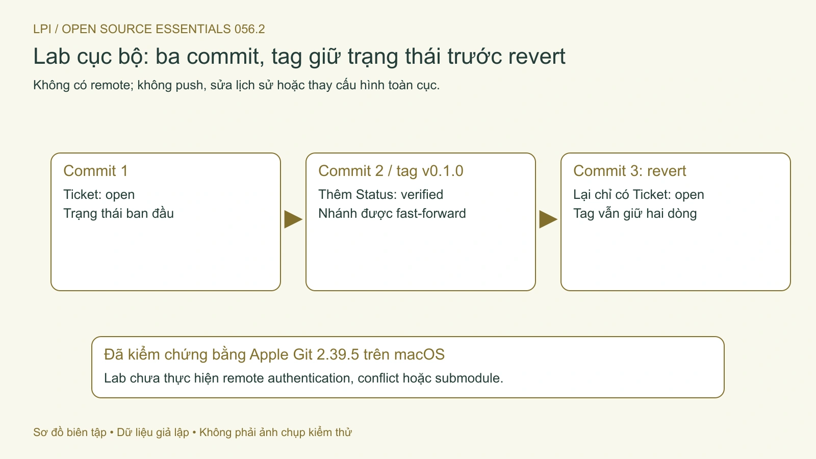 Lab Git giữ lịch sử ba commit và tag trước revert, toàn bộ nằm trong repository học riêng.