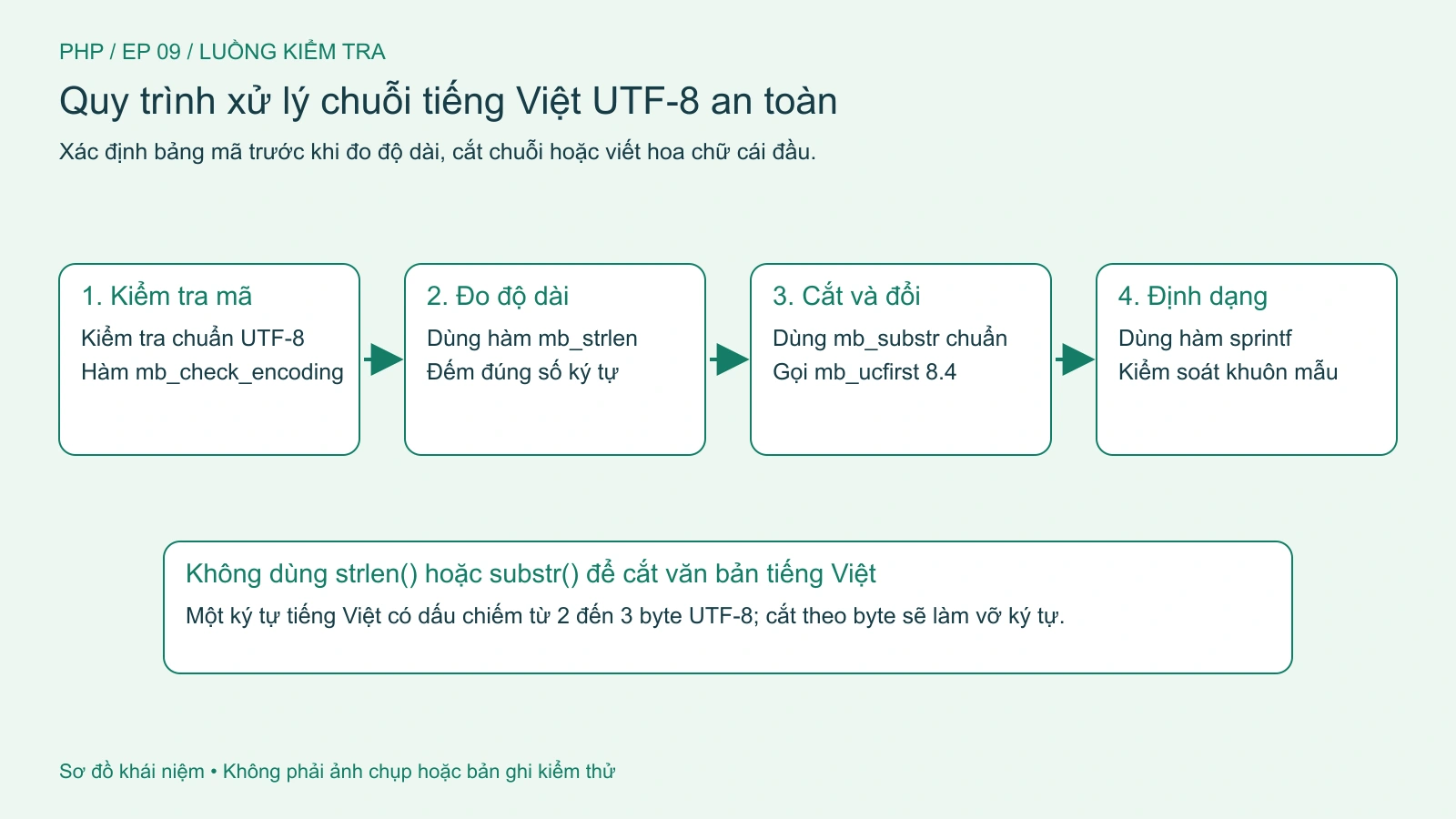 Quy trình kiểm tra bảng mã, độ dài ký tự và thao tác cắt chuỗi tiếng Việt an toàn.