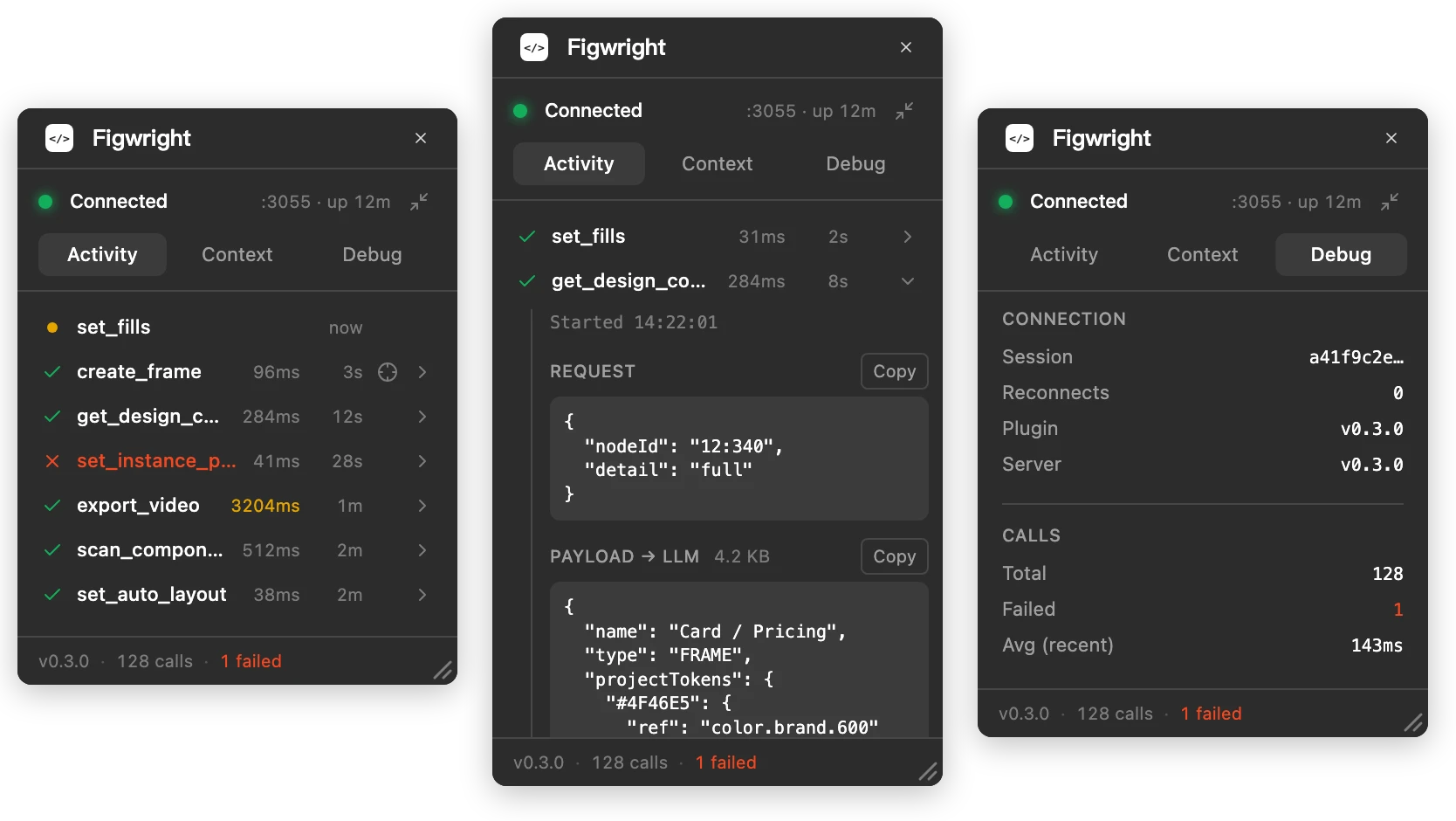 Các tab Activity, Context và Debug của plugin Figwright